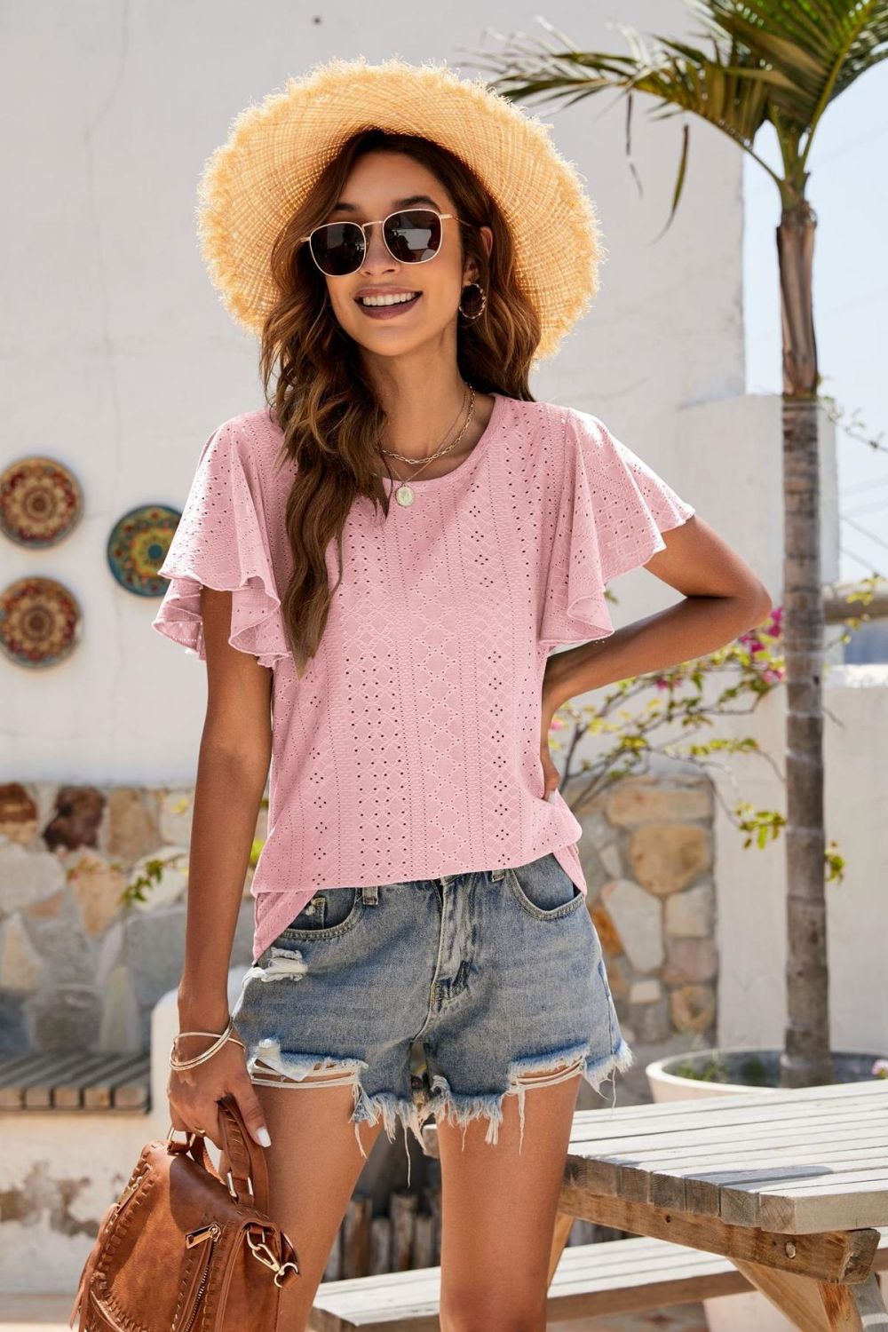 Eyelet Flutter Sleeve Short Sleeve Top