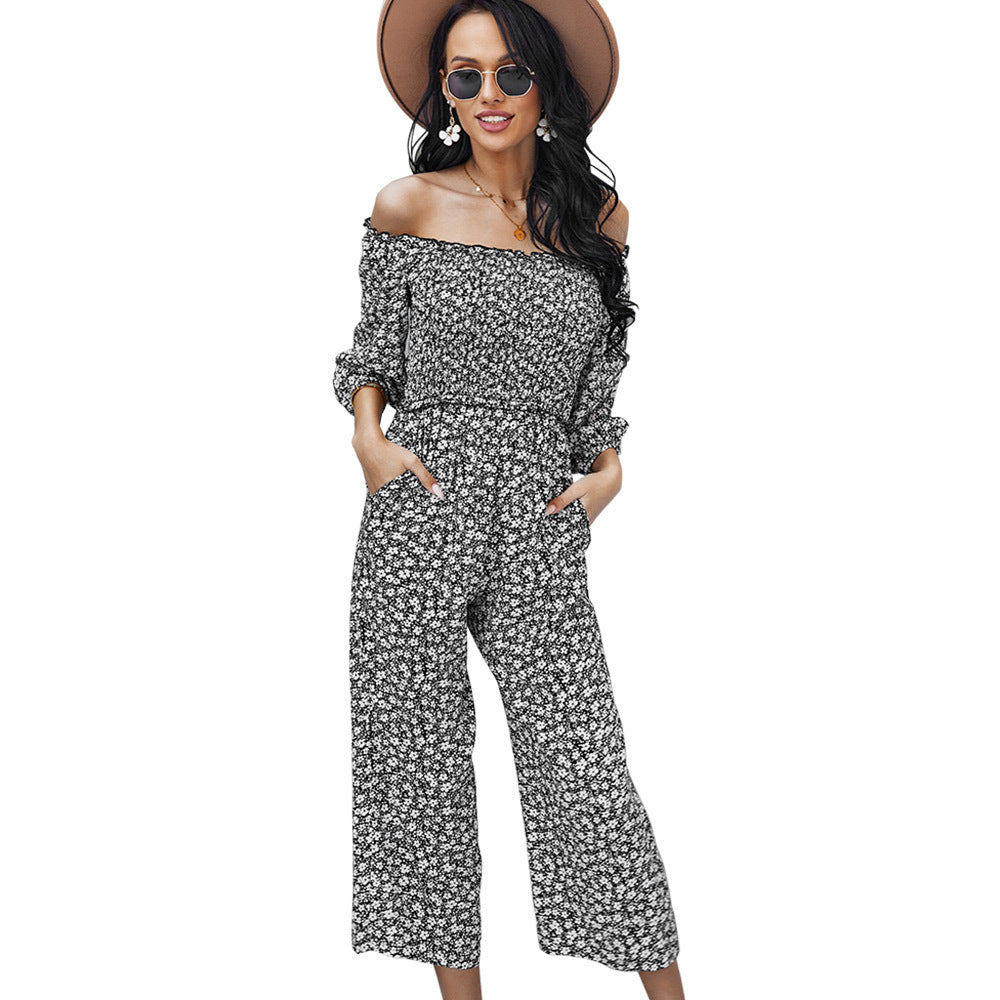 Wide Leg Pants Print Jumpsuit One Shoulder Top