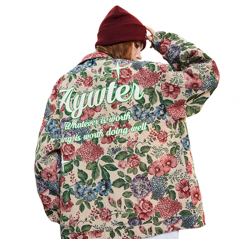 Veste ample à imprimé floral teint en fil de style rétro américain