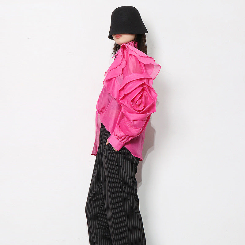 Temperament Organza Solid Color Shirt Lapel Ruffle Stitching