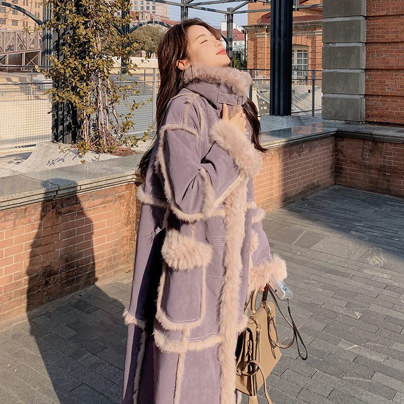 Manteau en laine d'agneau avec fourrure intégrée violette pour femme