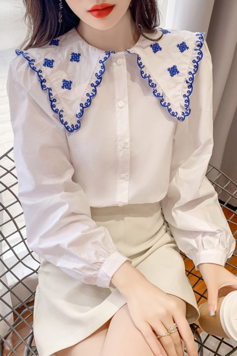 Contrasting Color Doll Collar Shirt Women Autumn And Winter