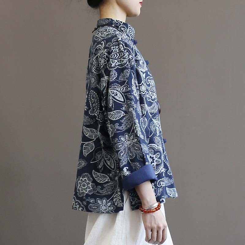 Cotton And Linen Jacket Women's Ethnic Blue Calico Cardigan