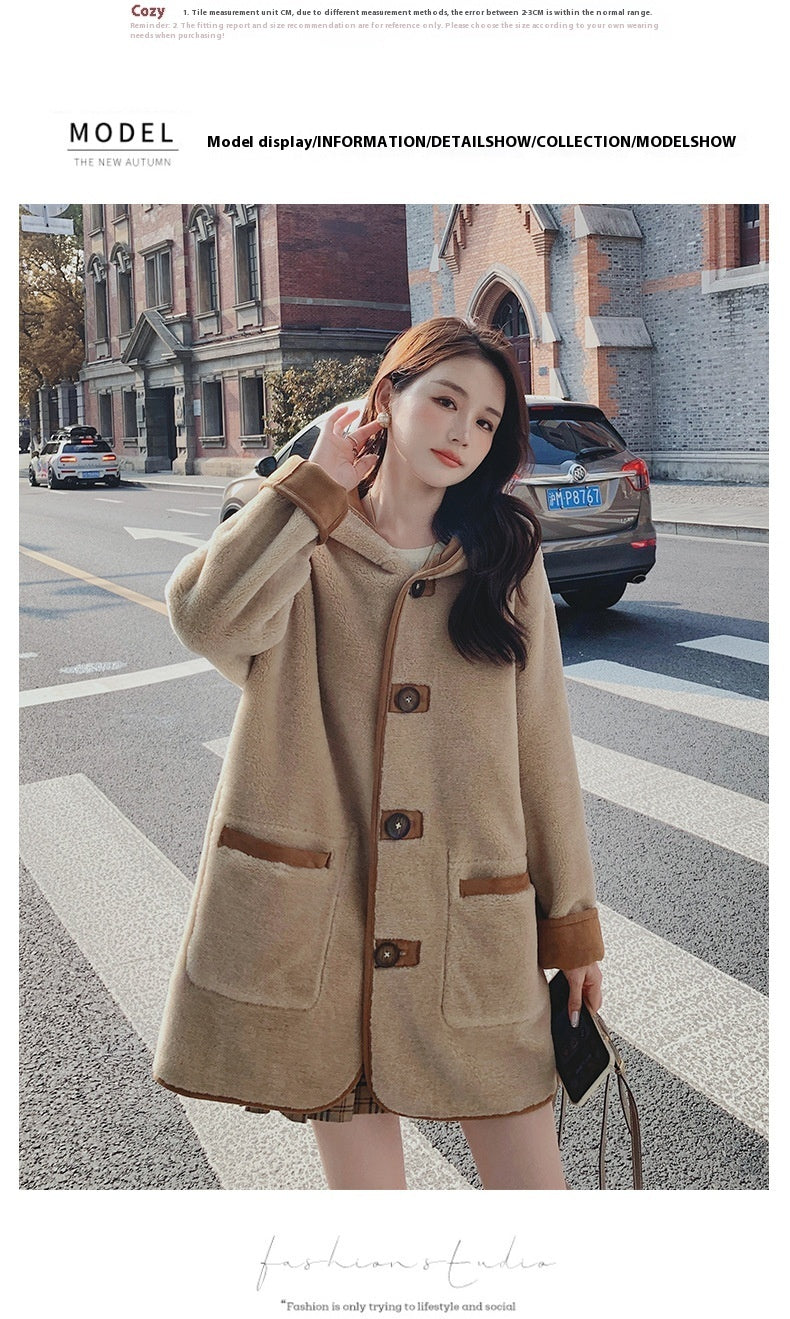 Women's Casual Loose Stitching Single-breasted Hooded Jacket