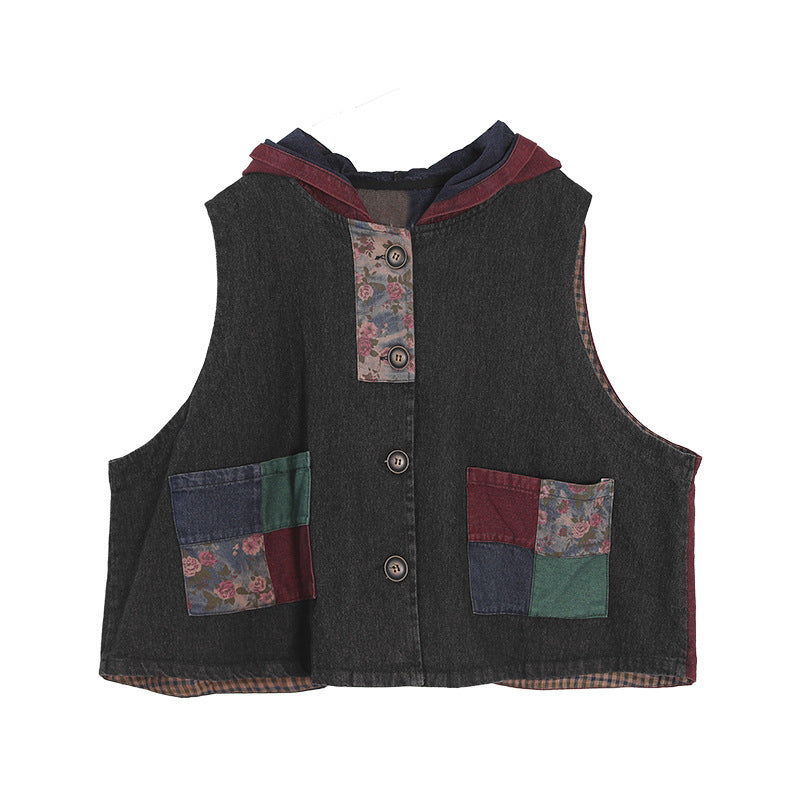 Women's Retro Loose Hooded Ethnic Style Stitching Patchwork Coat Vest