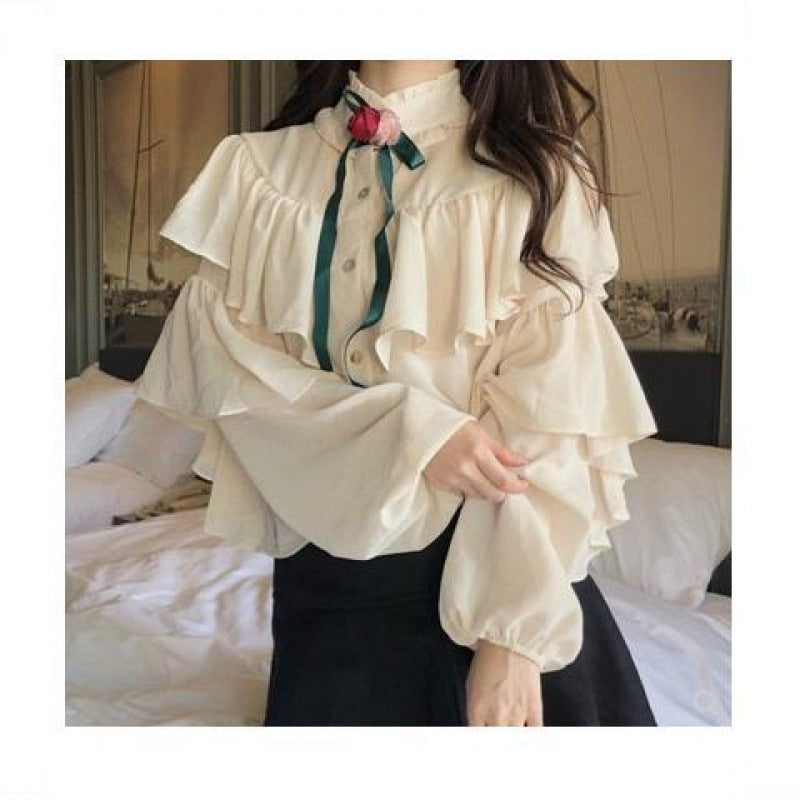 Fashion Western Style Is Thin Lotus Leaf Lantern Sleeve Temperament Shirt Women