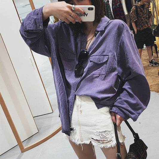 A water striped purple Tencel shirt female tide long sleeve loose fashion shirt chic shirt early autumn