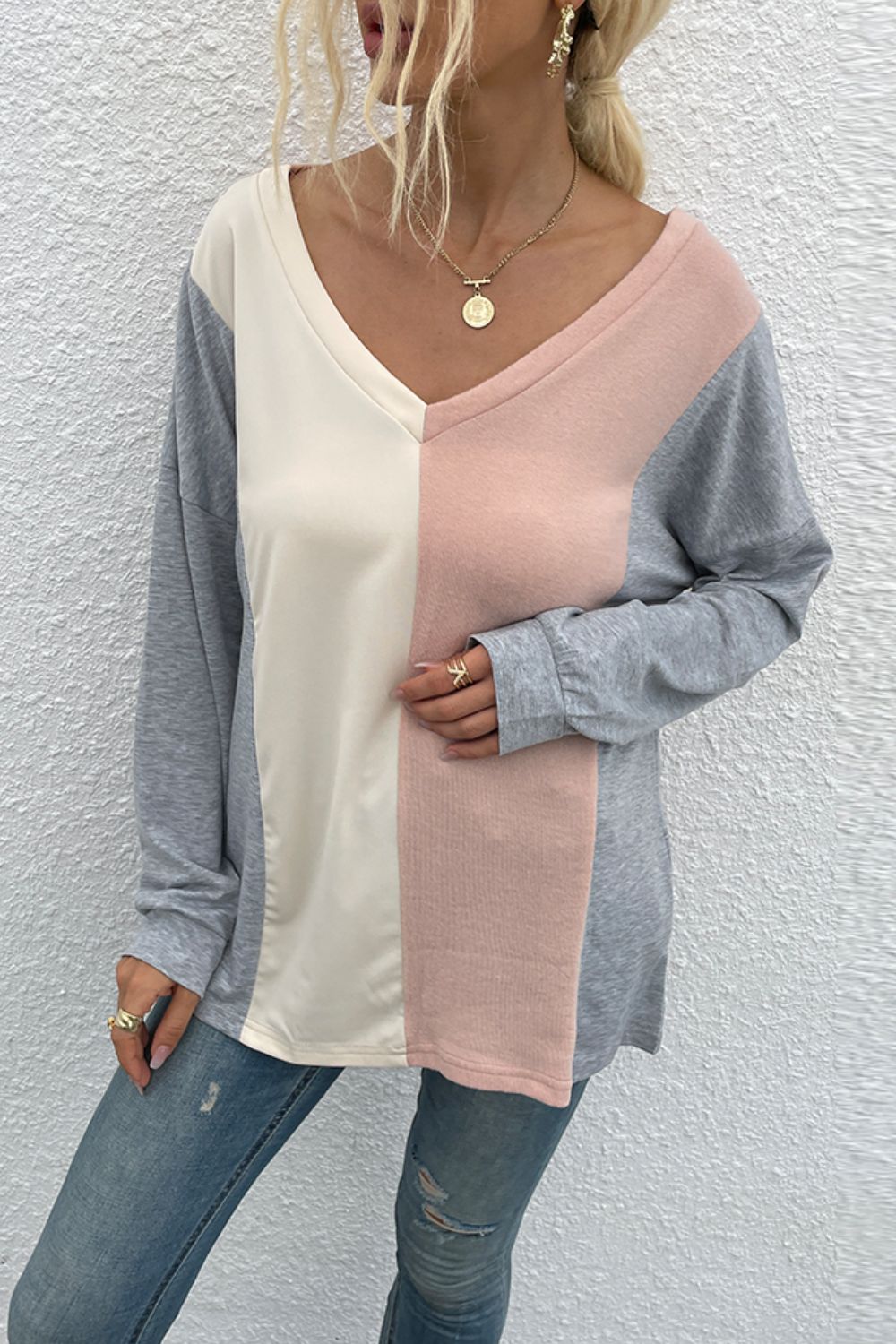 Color Block V-Neck Long Sleeve Blouse