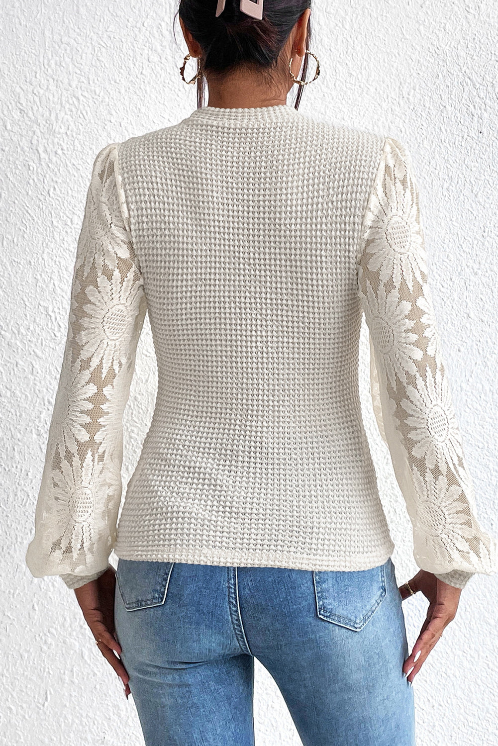 Top de punto tipo gofre con mangas de burbujas de malla de girasol beige