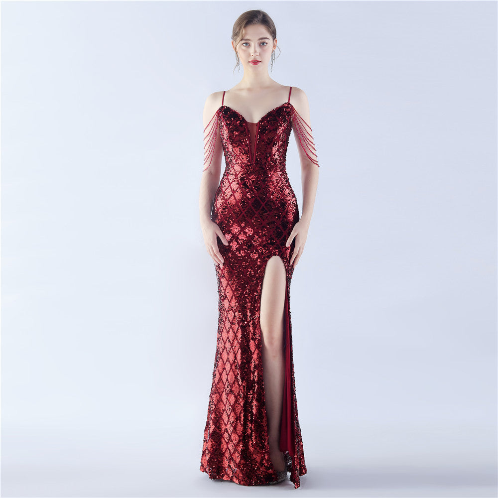 Fishbone Waist-tight Ratchet Tie Down Magic Color Sequin Craft Beaded High-end Evening Dress