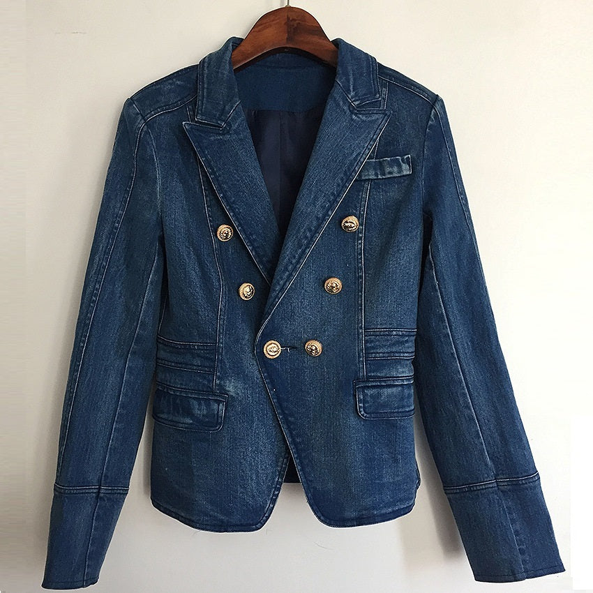 Double-breasted Lion Buckle Washing Water Denim Blazer