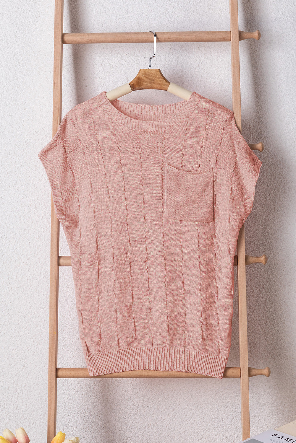 Pull à manches courtes en tricot texturé en treillis rose poussiéreux