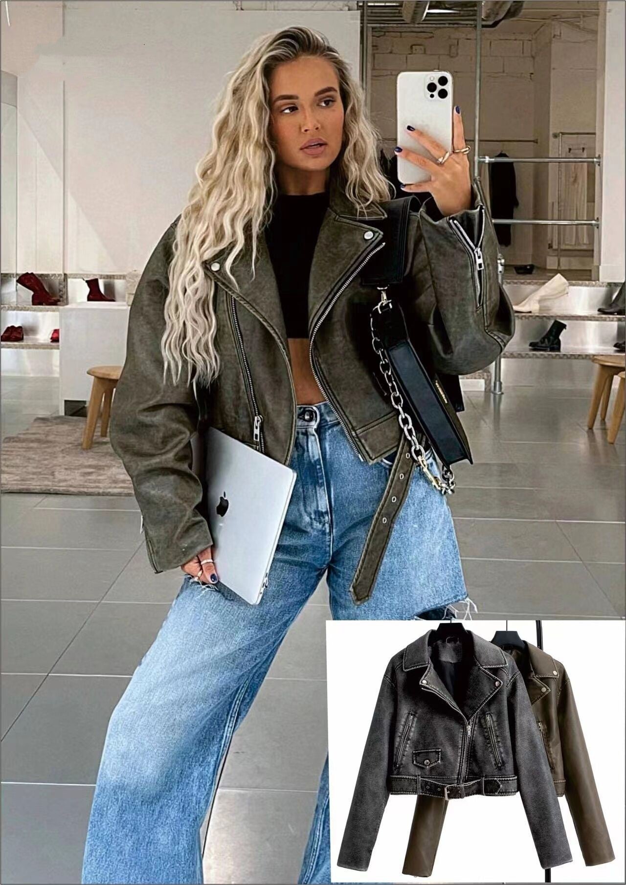 Women's Washed Leather Worn Motorcycle Leisure Jacket Leather Coat