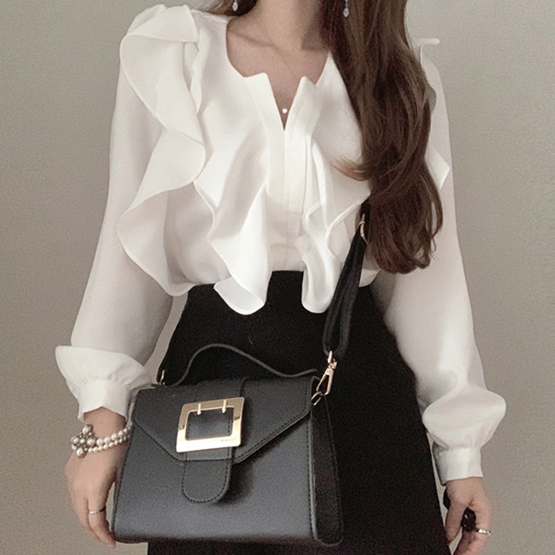 V-neck Double Ruffled Bubble Sleeve Shirt