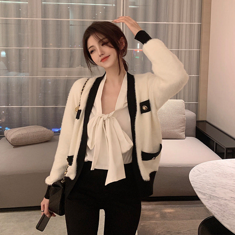 Top New Contrast Color Knitted Sweater Coat With Western Style Bow Shirt