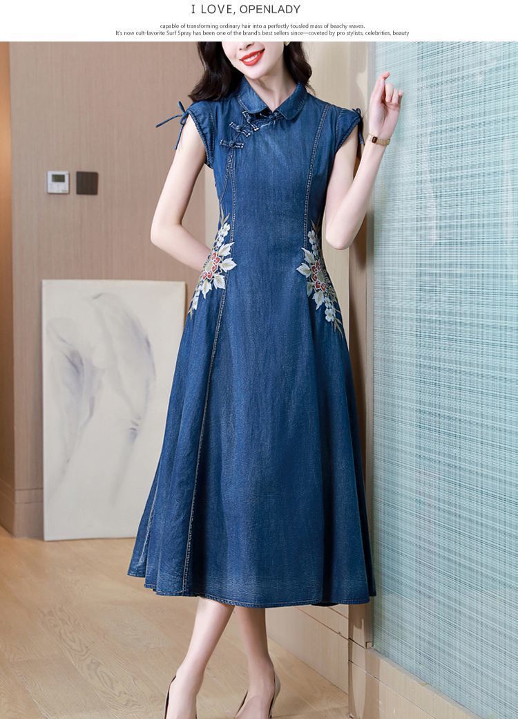 Robe en Denim pour femmes, nouvelle Version modifiée Cheongsam, broderie Machine, rétro, été 2024