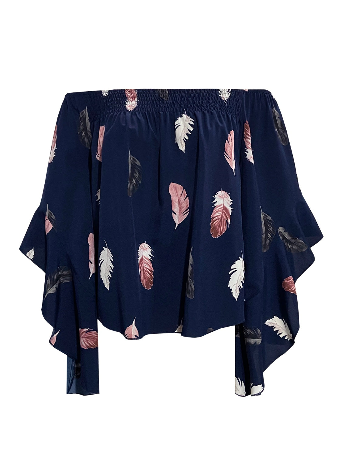 Feather Print Smocked Off-Shoulder Blouse