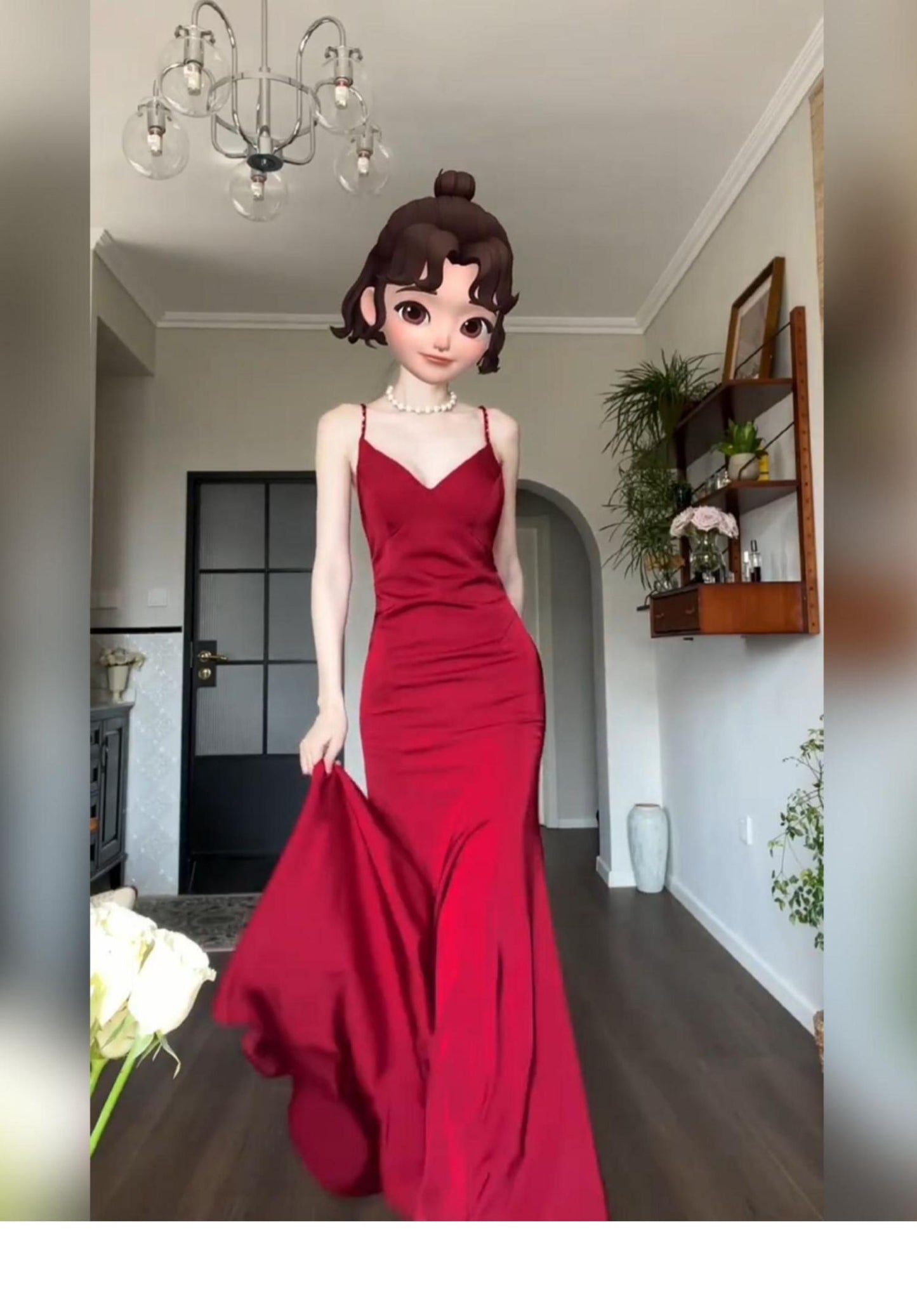 Robe rouge à bretelles, col en V, robe de soirée de mariage