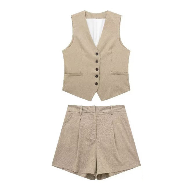 Costume gilet à simple boutonnage et col en V, taille haute, jambes larges