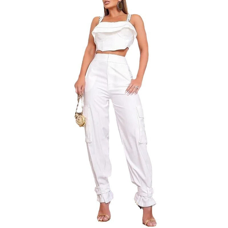 Costume pantalon taille haute à col carré pour femme, couleur unie, noué à la cheville