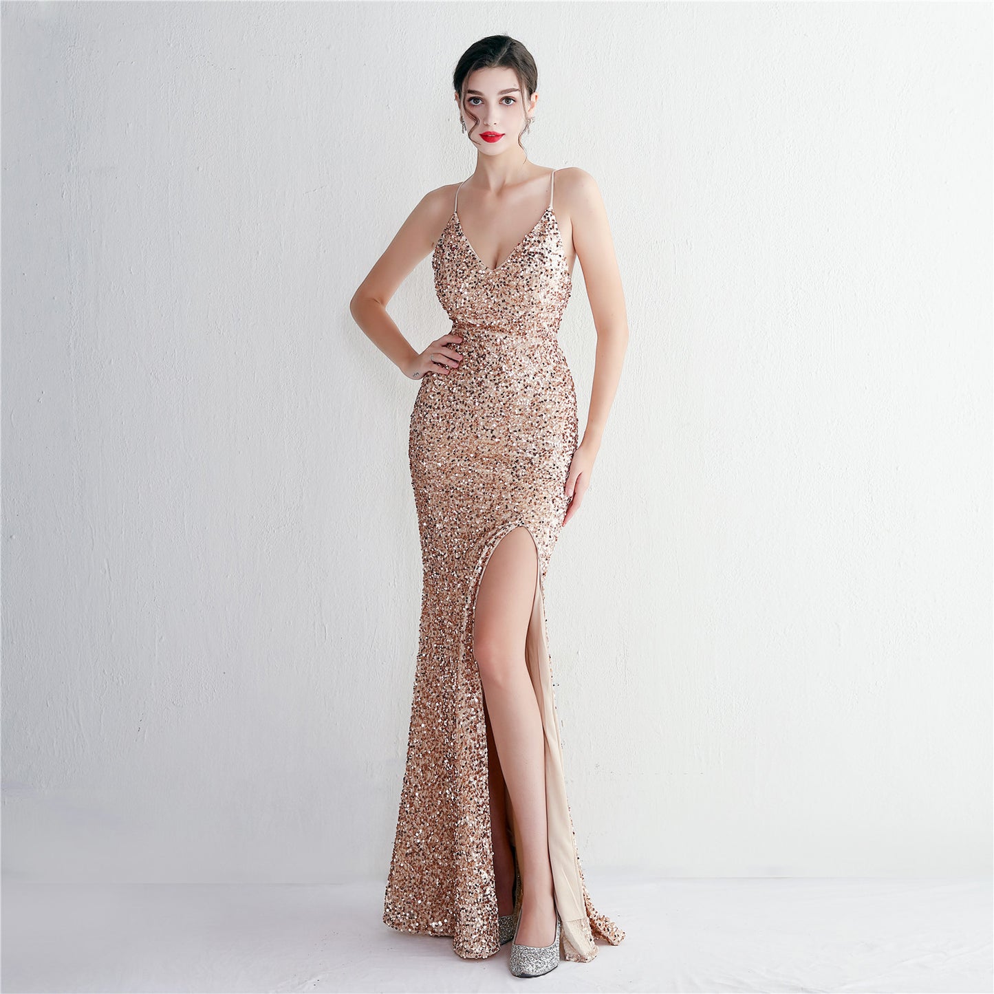 Velvet Bottom Sequin New Suspender Party Sequined Dress Long Banquet Slim-fit Evening Dress Elegant