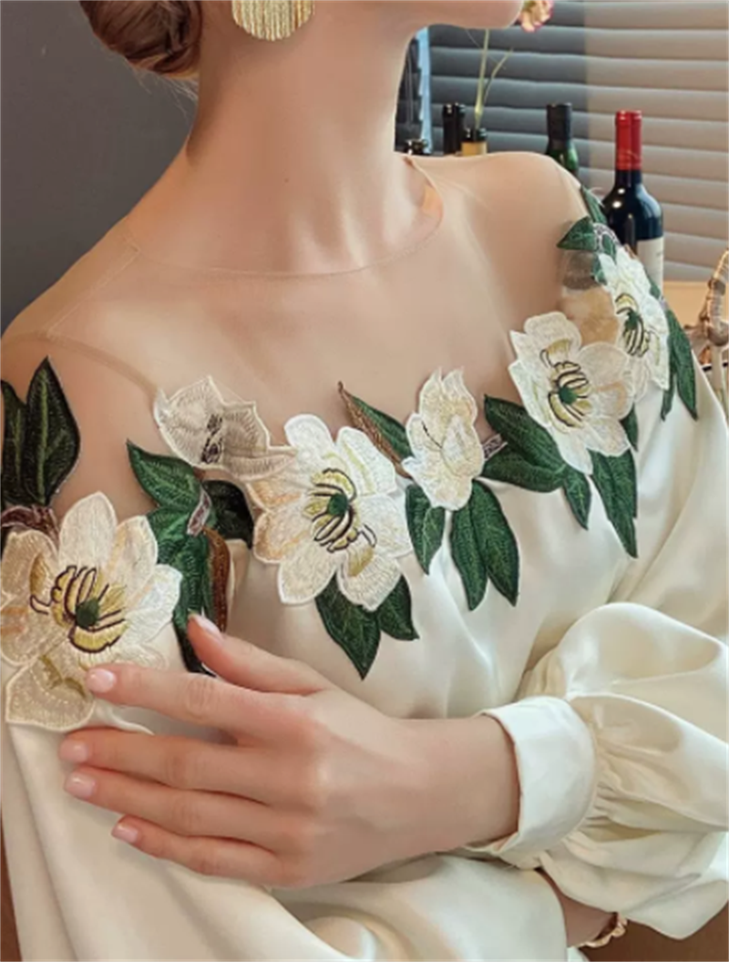 Celebrity Style Heavy Industry Mesh Stitching Satin Embroidered Women's Shirt