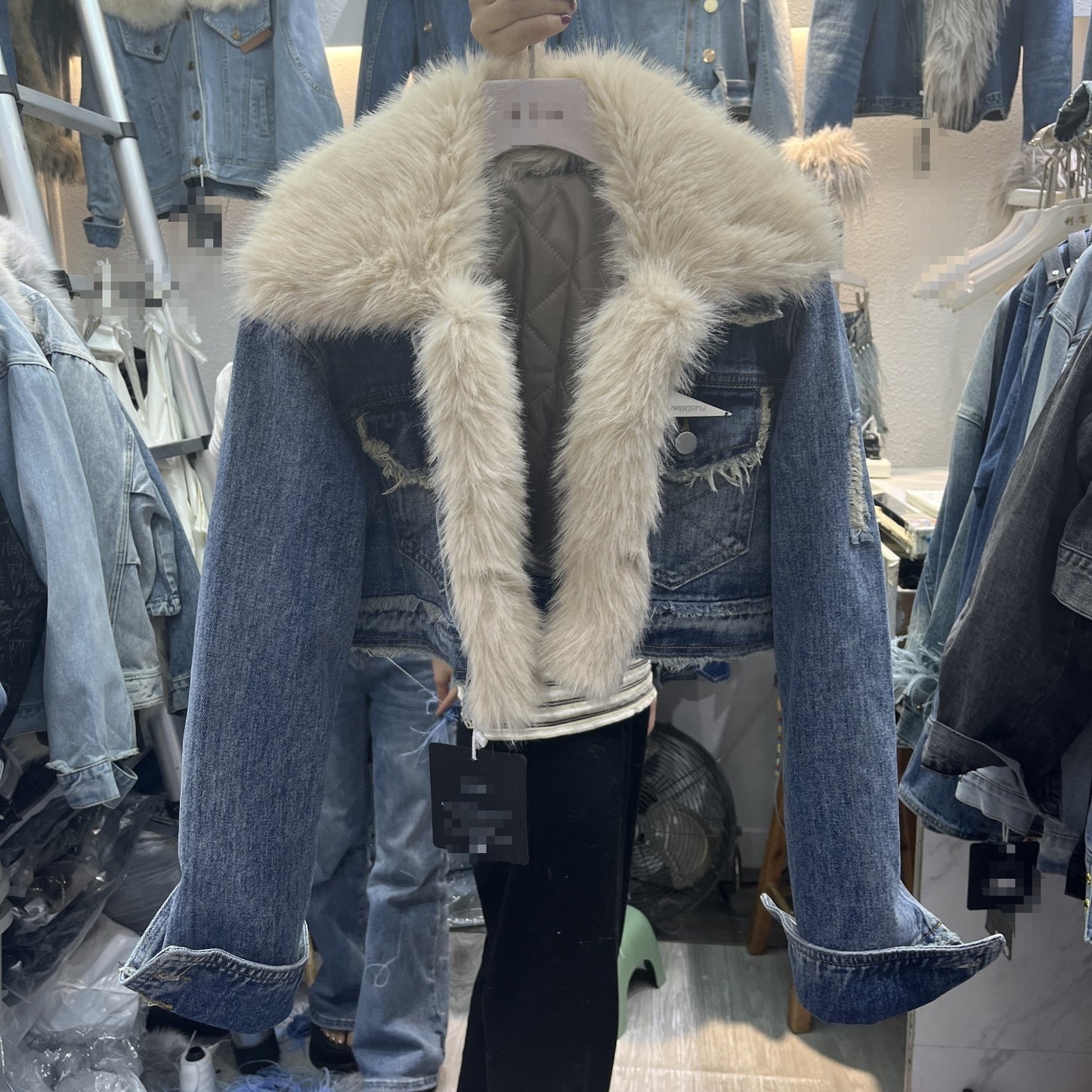 Denim Splicing Quilted Environmental Protection Fox Fur Denim Coat Short