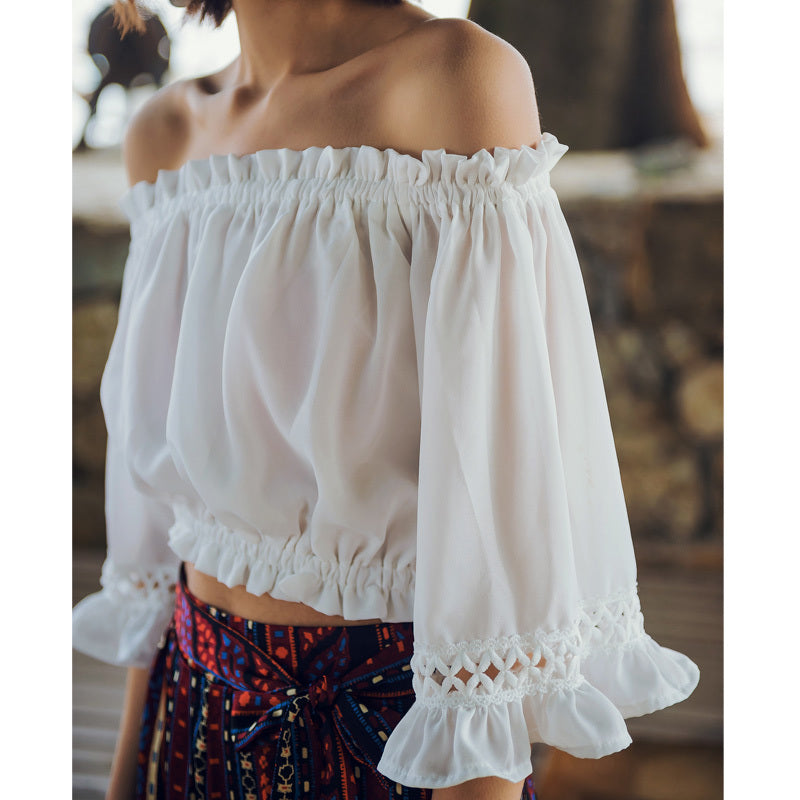 T-shirt court blanc à manches cloche pour femmes, haut de plage, été