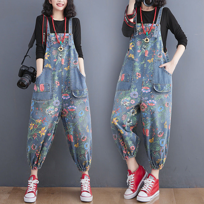 Women's Fashion Denim Printing Suspender Pants Age-reducing Ankle-tied Harem Pants