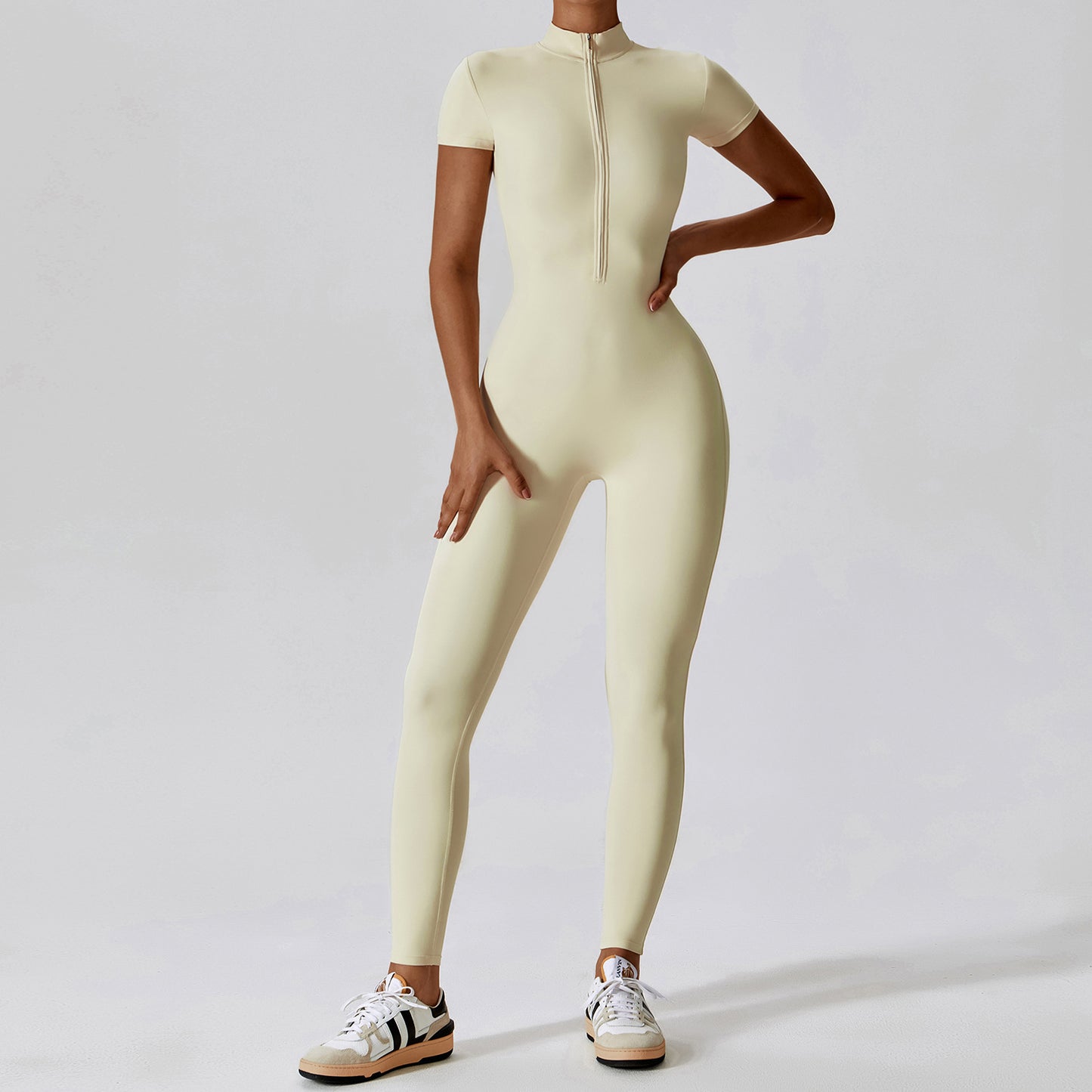 Zipper Short Sleeve Nude Feel Yoga Jumpsuit