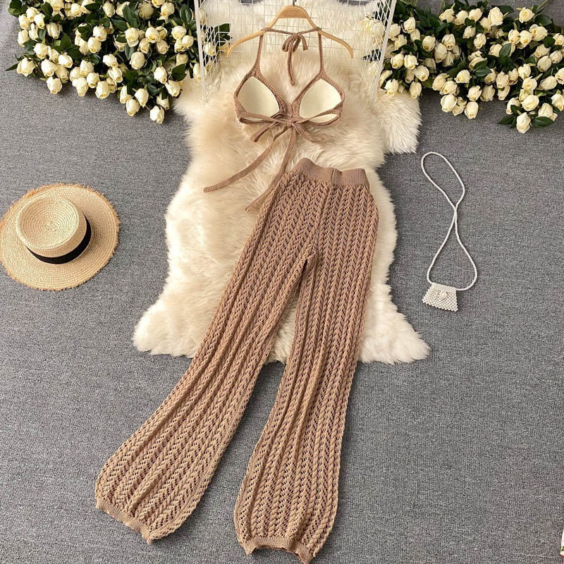 Two Piece Lace Up Top Hollowed Out Knit Wide Leg Pants Set