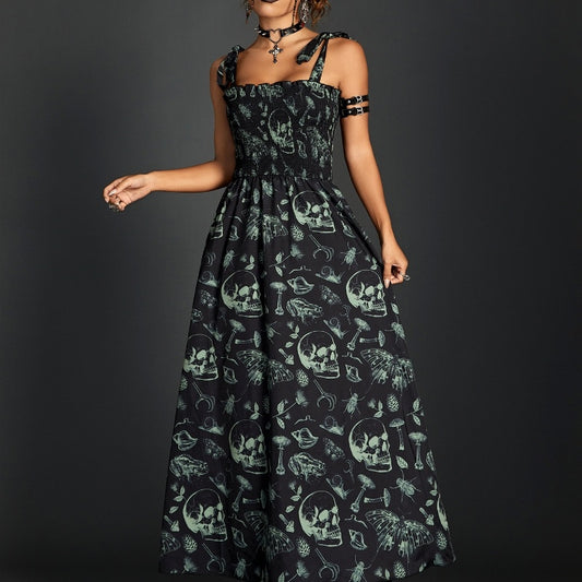 Dark Printing Smocking Lace-up Tube Top Dress