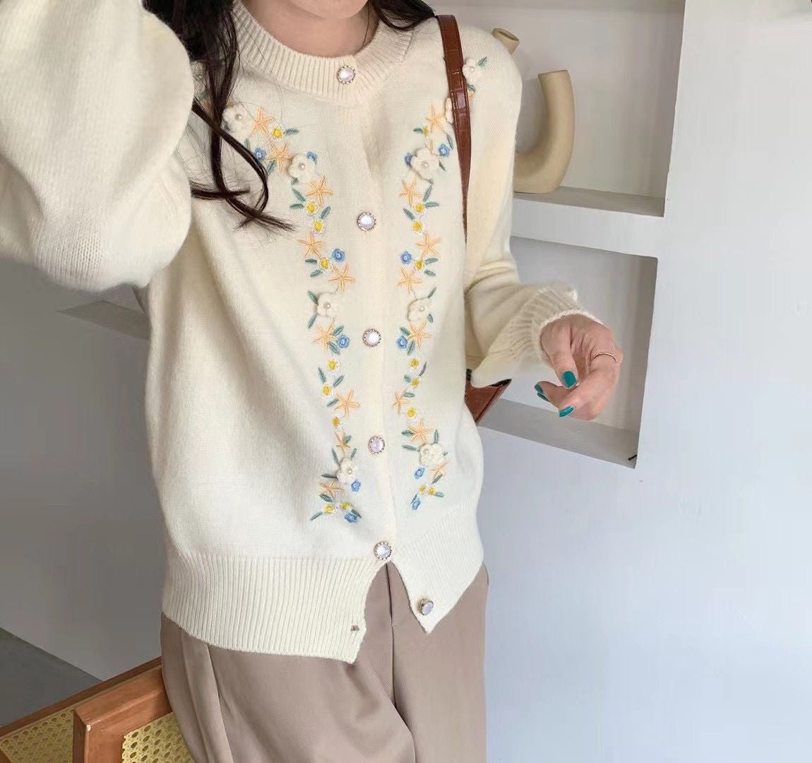 Cardigan tricoté à fleurs tridimensionnelles brodées, manteau pull pour femmes