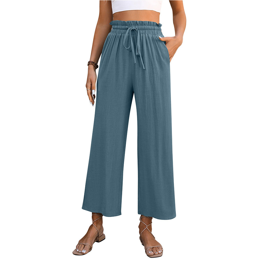 Pantalon droit taille haute avec cordon de serrage, couleur unie, ample, jambes larges, vêtements d'été décontractés pour femmes