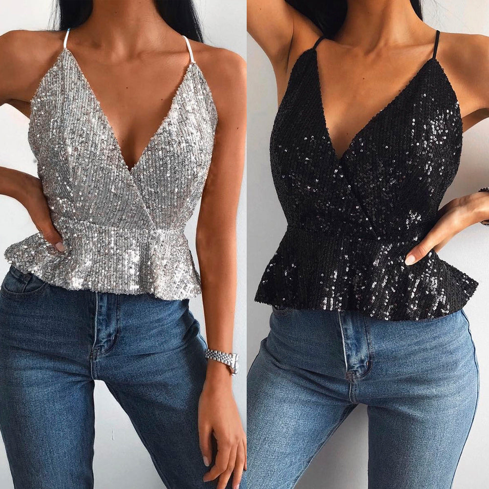 Women Sexy Luxury Sequined Crop Top Peplum Sleeveless Cropp