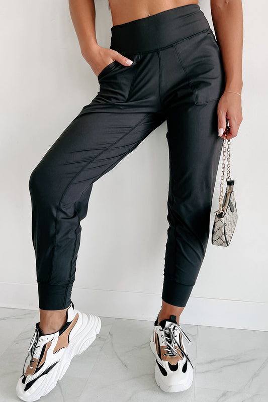 Pantalon de jogging taille haute noir avec poches et coutures apparentes