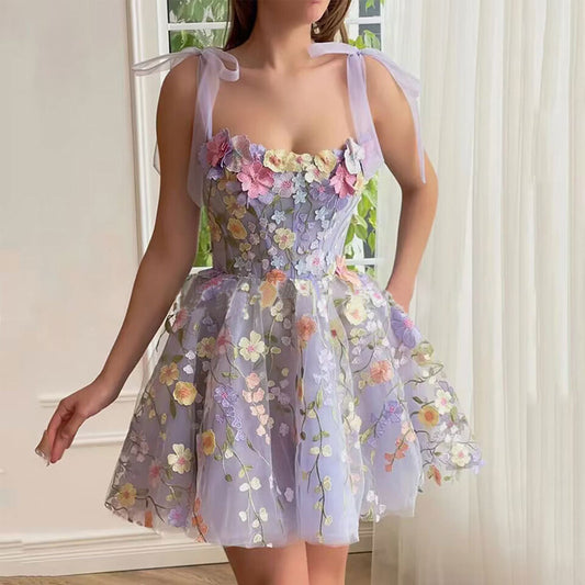 Robe à bretelles fourreau brodée de fleurs tridimensionnelles pour femmes