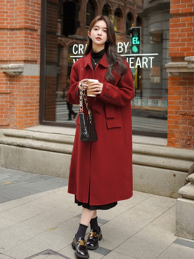 Women's Red Bowknot Woolen Coat Autumn Winter New Coat