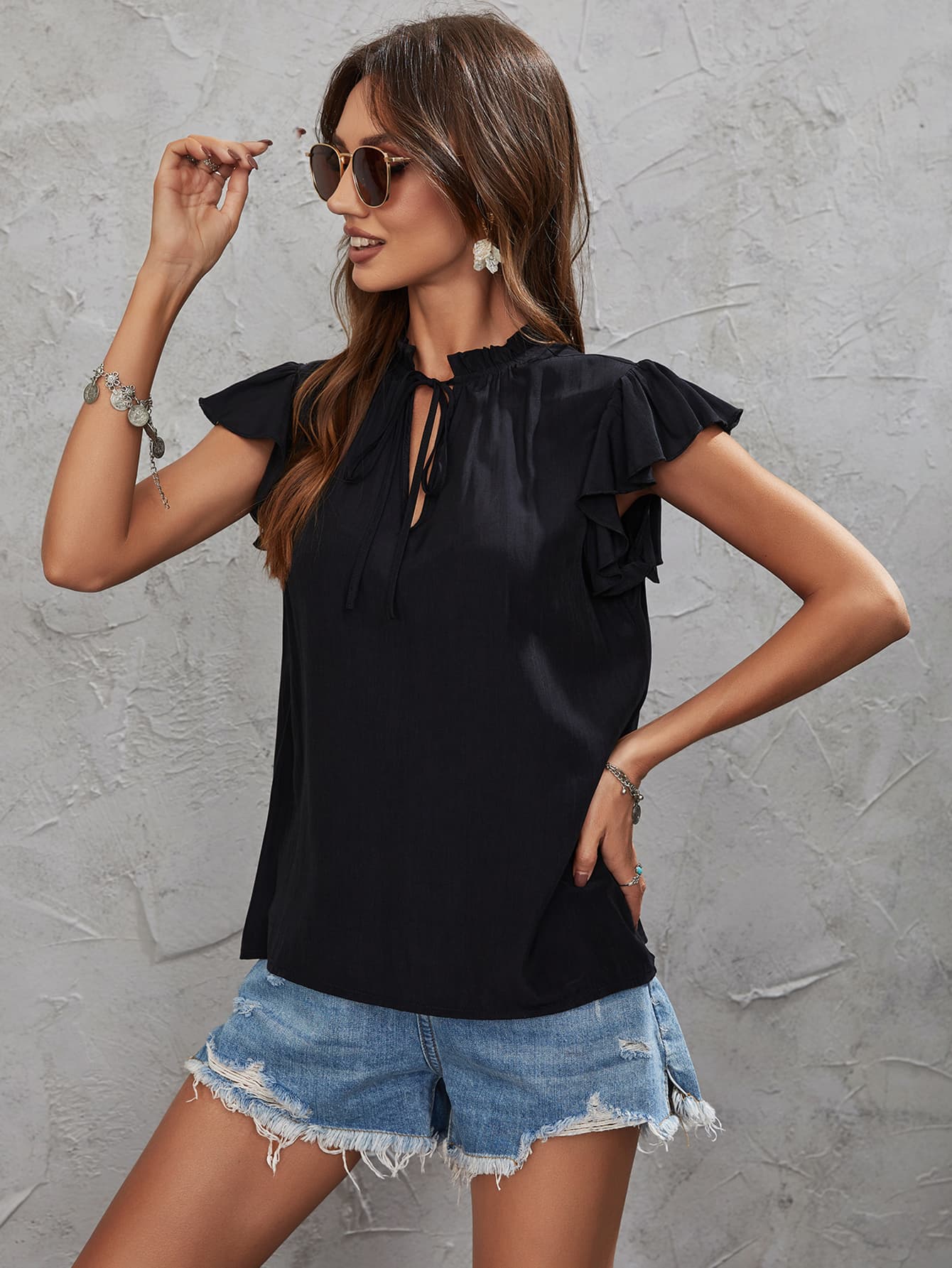 Tie Neck Flutter Sleeve Top