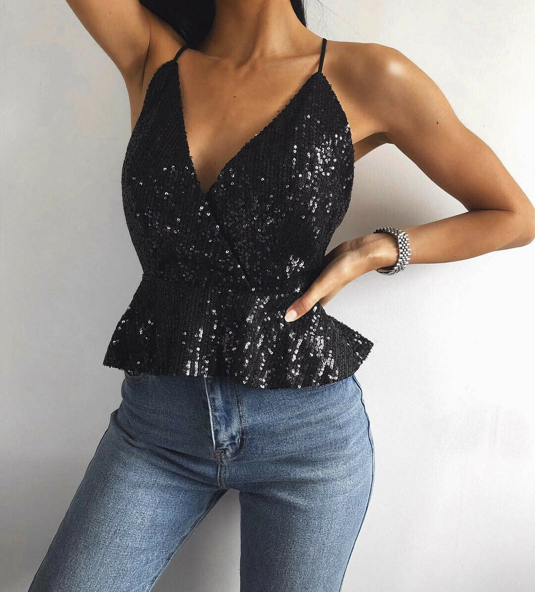 Women Sexy Luxury Sequined Crop Top Peplum Sleeveless Cropp