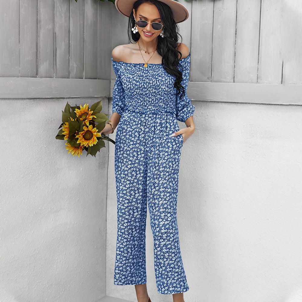 Wide Leg Pants Print Jumpsuit One Shoulder Top