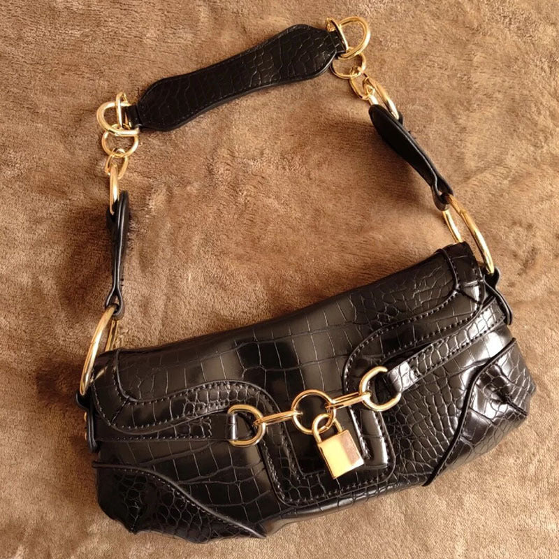 Vintage Fashion Pattern Chain Padlock Underarm Baguette Bag