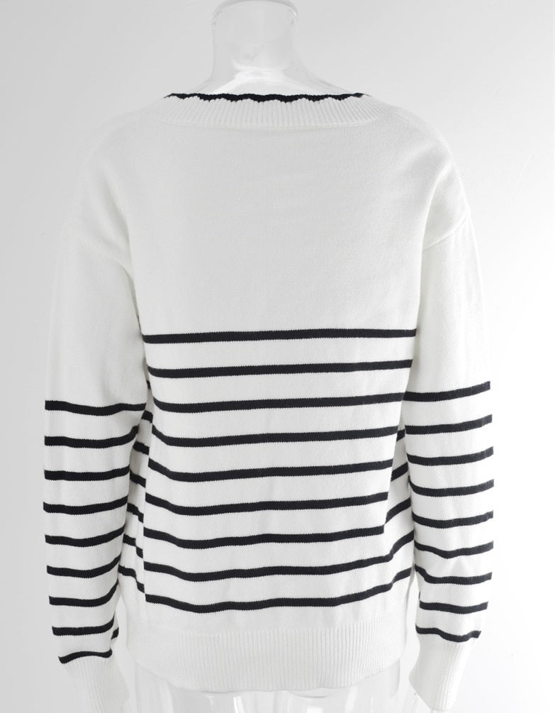 Autumn And Winter New V-neck Striped Sweater Sweater For Women