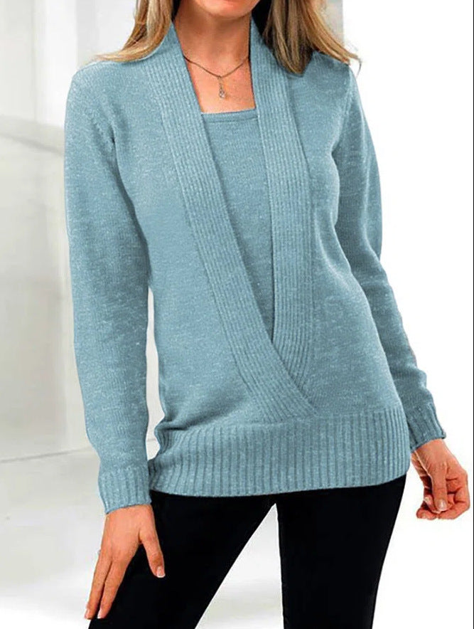 Autumn And Winter New Solid Color Long Sleeve V-neck Fake Two-piece Short Sweater