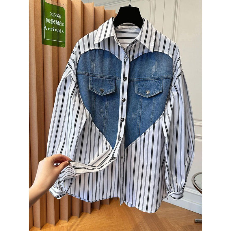 Design Sense Niche Loose Casual Love Denim Patchwork Stripes Shirt