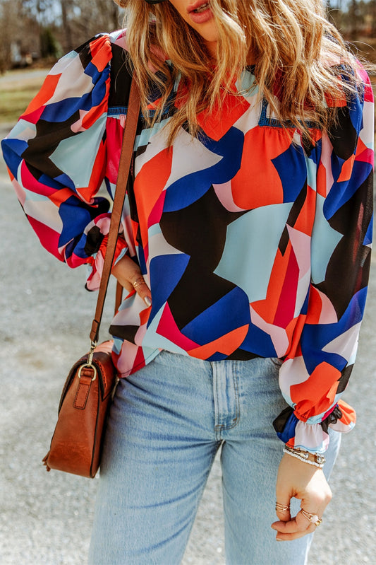 Abstract Pattern Crewneck Ruffled Puff Sleeve Blouse