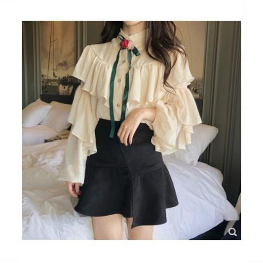 Fashion Western Style Is Thin Lotus Leaf Lantern Sleeve Temperament Shirt Women