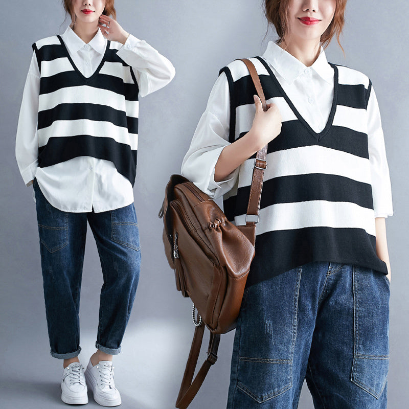 Fat Sister Suit Female Large Size Temperament Fashion Mid-Length Shirt + Striped Knitted Vest