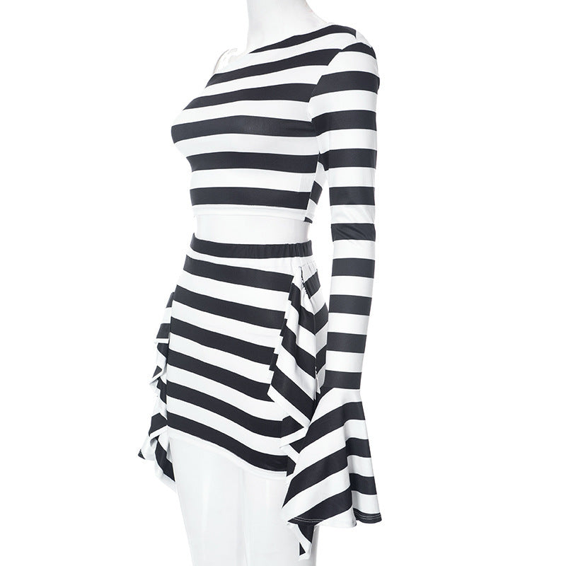 Casual Zebra Prints Cropped Horn Long Sleeve Top Skirt Suit