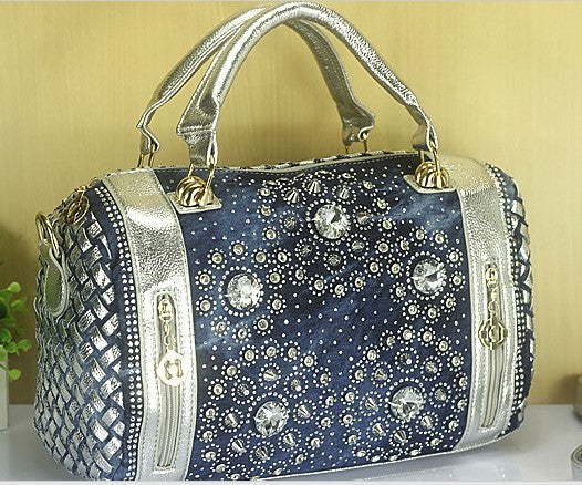 Denim Bag Canvas Belt Rhinestone Braided Rivet Round Bucket Crossbody Shoulder